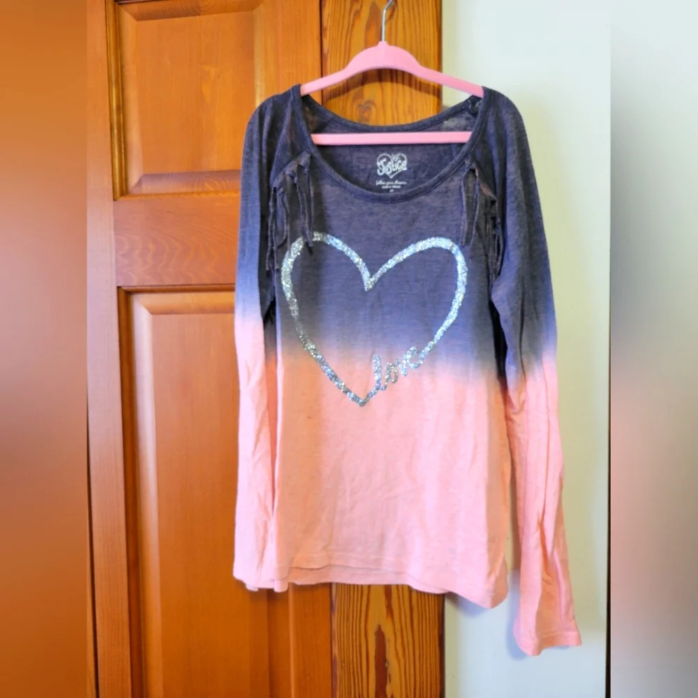 Justice Heart fringe Ombre Long Sleeve Top - Pink and Gray 10